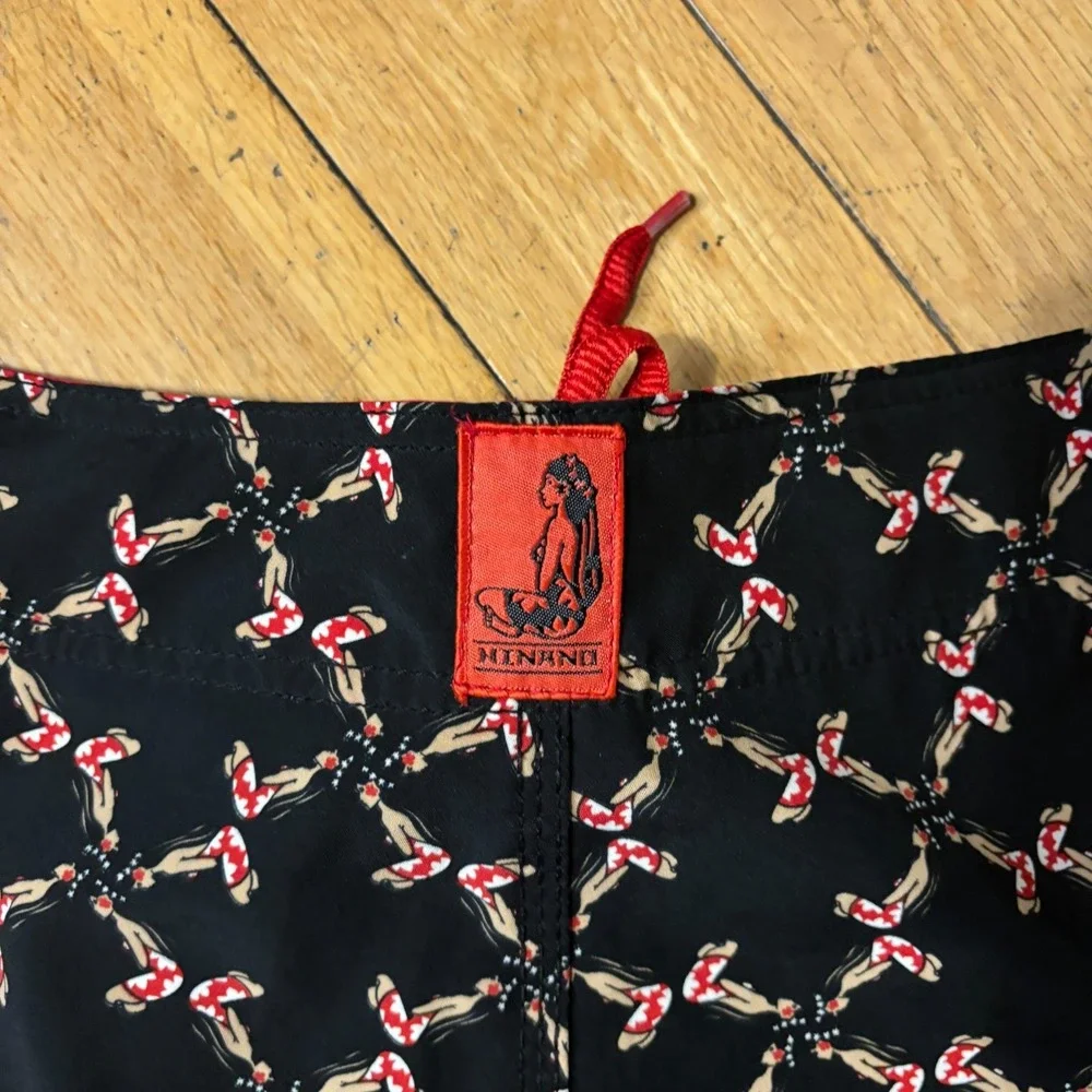 Hinano Tahiti Boardshorts Men 33 Black Red Hinano Hula Girl Print Surf Swim